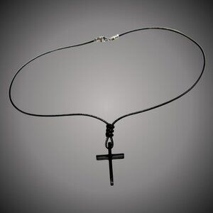 Black Titanium Steel Cross † on Hand Knotted Black Leather Cord Necklace- Unisex